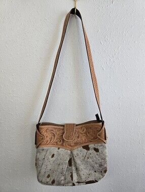 Genuine Cowhide Tooled Leather Shoulder Bag Western Purse Brown Cream